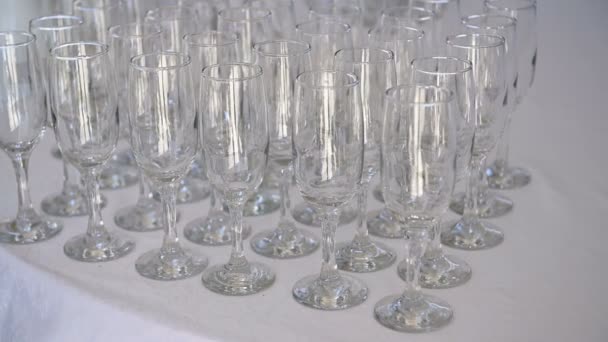 結婚式の客を待っているテーブルの上に並べられたシャンパンのグラスのショット — ストック動画