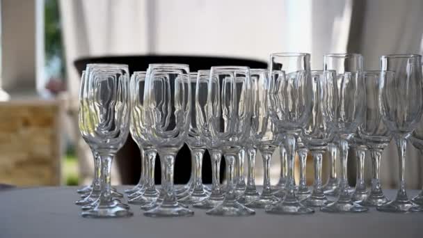 Chupito de copas de champán alineadas en filas en una mesa esperando a los invitados de la recepción de la boda — Vídeos de Stock