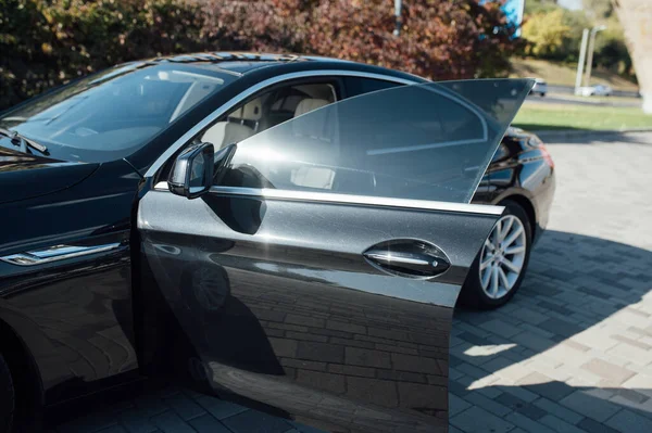 Modern araba dış görünüşü. Sürücü kapısı, ayna, gösterge paneli