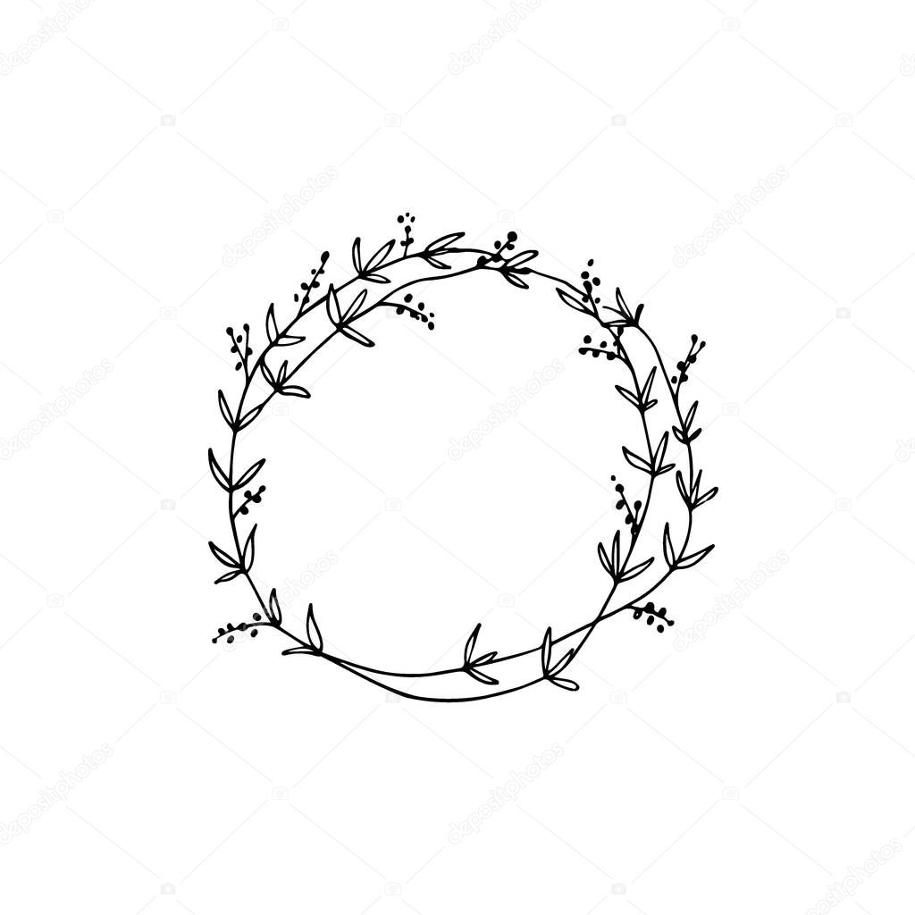 Vector illustration of hand drawn floral wreath. Ink drawing, graphic style, beautiful wedding design element