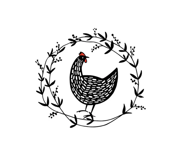 Emblema de pollo floral dibujado a mano — Archivo Imágenes Vectoriales