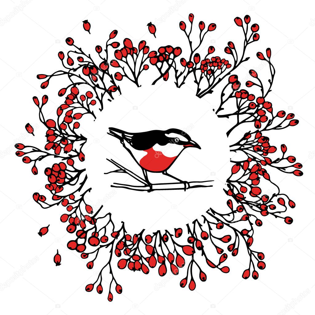 Hand drawn floral wreath with a bird and barberry made in vector. Beautiful floral design elements, ink drawing, logo template