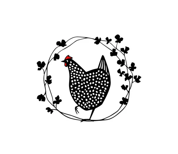 Χέρι συρμένο κοτόπουλο floral έμβλημα — Διανυσματικό Αρχείο