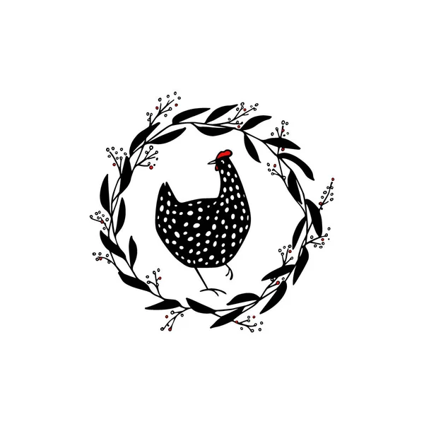 Emblema di pollo floreale disegnato a mano — Vettoriale Stock