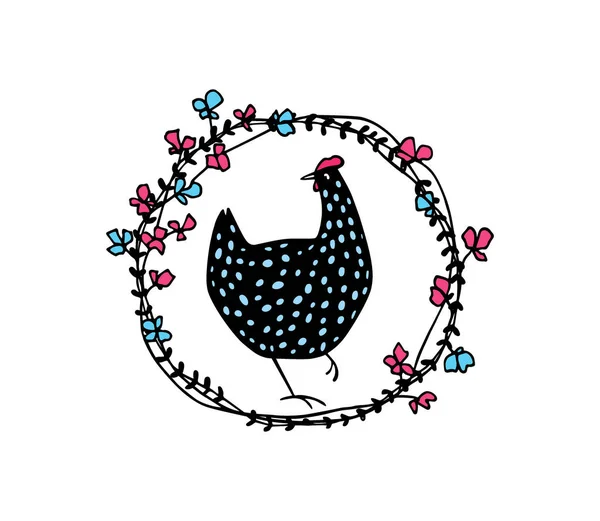 Emblema de frango floral desenhado à mão — Vetor de Stock