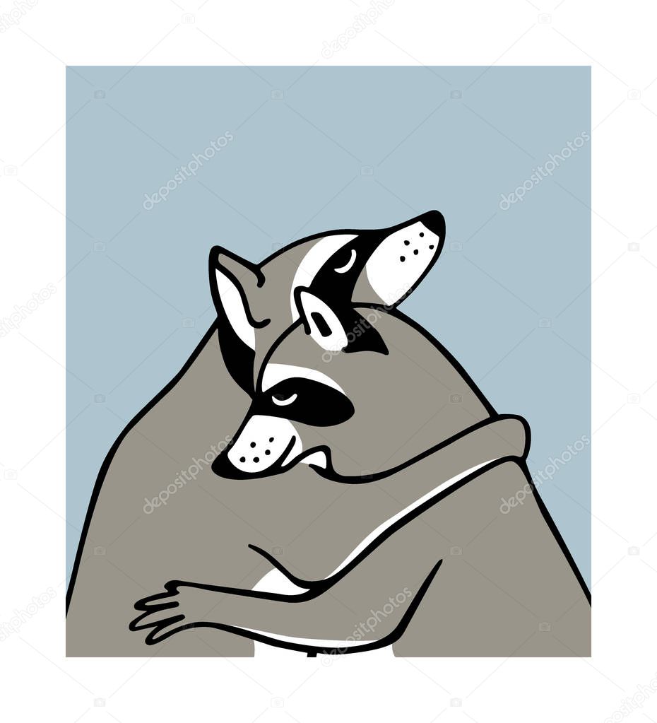 Vector illustration of two hugging raccoons. Beautiful animal design elements, ink drawing,