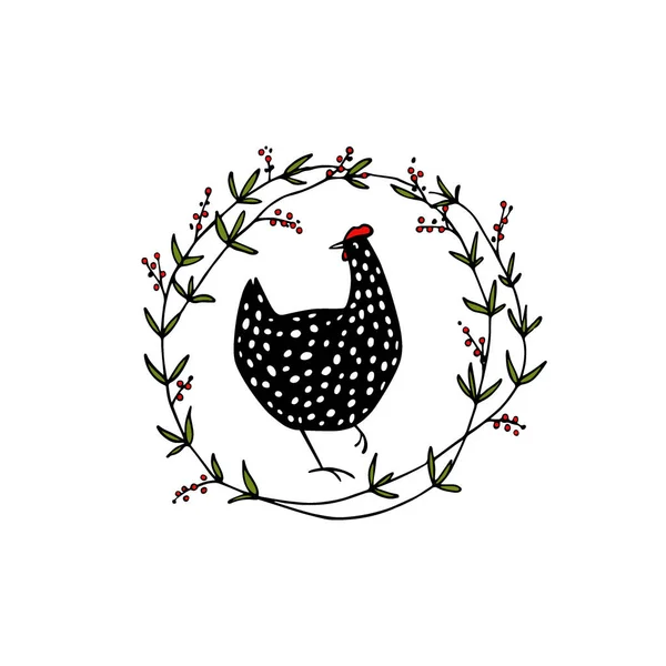 Hand dras blommig kyckling emblem — Stock vektor