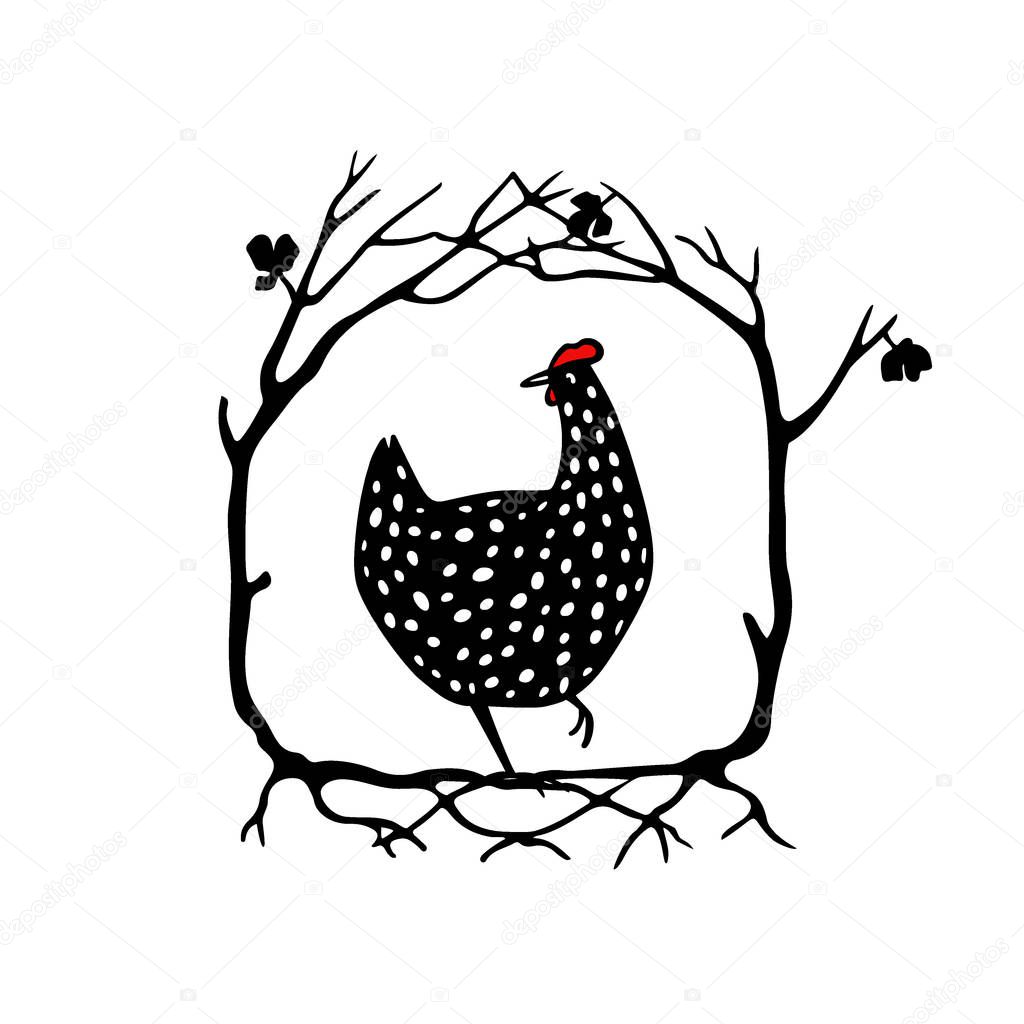 Hand drawn floral wreath with speckled hen made in vector. Beautiful floral design elements, ink drawing, logo template