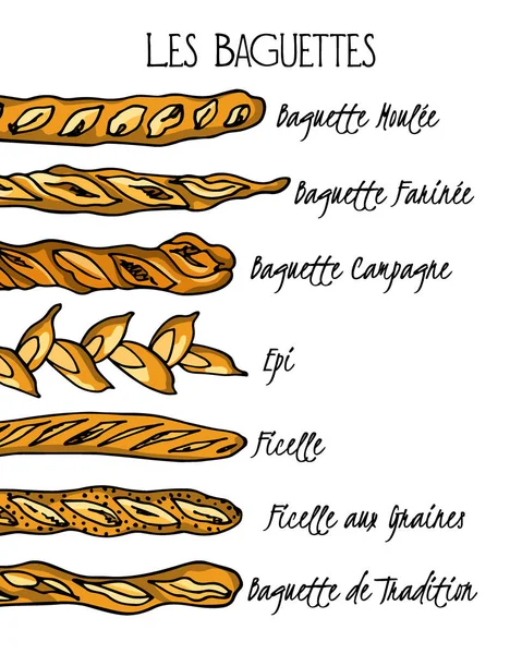 Baguettes franceses dibujados a mano — Vector de stock