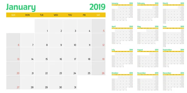 Kalendarz Terminarz 2019 Szablon Wektor Ilustracja Cały Tydzień Miesięcy Rozpoczyna — Wektor stockowy