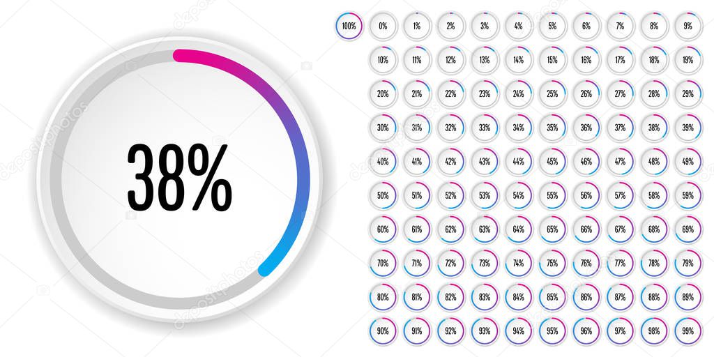 Set of circle percentage diagrams from 0 to 100 ready-to-use for web design, user interface (UI) or infographic - indicator with gradient from magenta (hot pink) to cyan (blue)