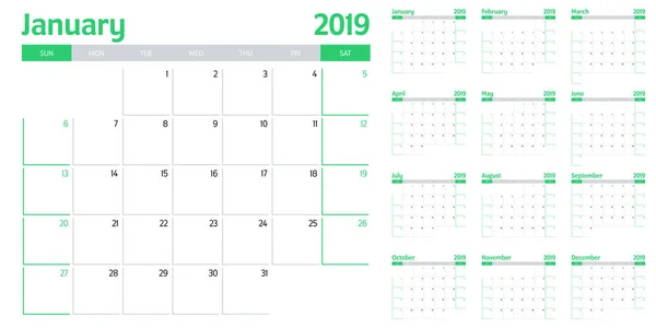 Planificador Calendario 2019 Plantilla Vector Ilustración Todos Meses Semana Comienza — Archivo Imágenes Vectoriales