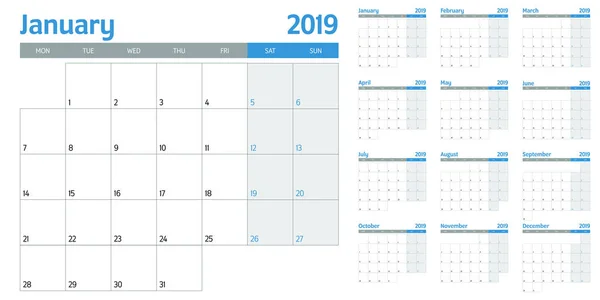 Planificador Calendario 2019 Plantilla Vector Ilustración Todos Meses Semana Comienza — Archivo Imágenes Vectoriales