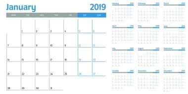 Takvim Planlayıcısı 2019 şablon vektör çizim tüm 12 ay hafta Pazartesi günü başlar ve hafta sonu Cumartesi ve Pazar günleri gösterir