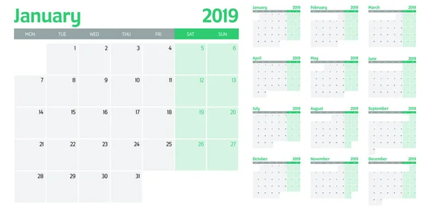 Planificador Calendario 2019 Plantilla Vector Ilustración Todos Meses Semana Comienza — Vector de stock