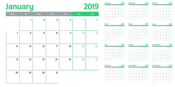 Kalendarz Terminarz 2019 Szablon Wektor Ilustracja Cały Tydzień Miesięcy Zaczyna — Wektor stockowy