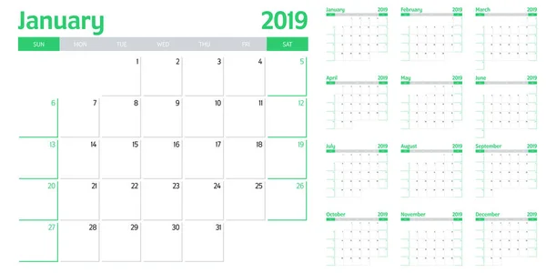 Kalendarz Terminarz 2019 Szablon Wektor Ilustracja Cały Tydzień Miesięcy Rozpoczyna — Wektor stockowy