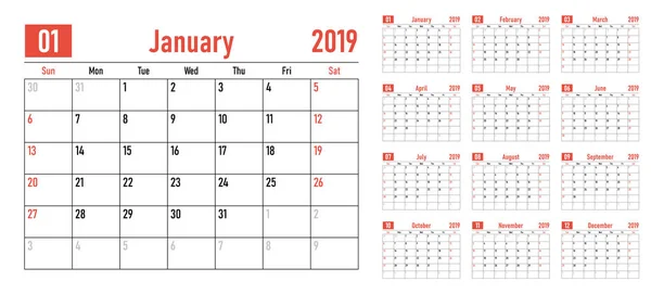 Kalenderplaner 2019 Vorlage Vektor Illustration Alle Monate Woche Beginnt Sonntag — Stockvektor