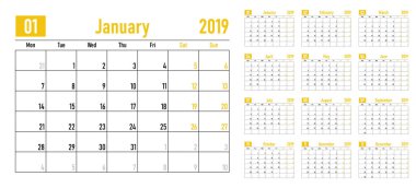 Takvim Planlayıcısı 2019 şablon vektör çizim tüm 12 ay hafta Pazartesi günü başlar ve hafta sonu Cumartesi ve Pazar günleri gösterir
