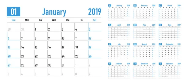 Kalenderplaner 2019 Vorlage Vektor Illustration Alle Monate Woche Beginnt Sonntag — Stockvektor