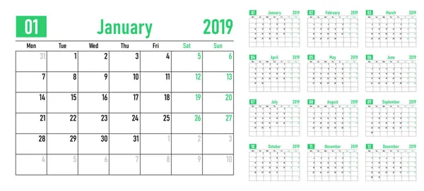 Kalenderplaner 2019 Vorlage Vektor Illustration Alle Monate Woche Beginnt Montag — Stockvektor