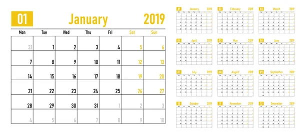 Kalenderplaner 2019 Vorlage Vektor Illustration Alle Monate Woche Beginnt Montag — Stockvektor