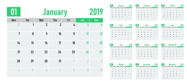 Planificador Calendario 2019 Plantilla Vector Ilustración Todos Meses Semana Comienza — Vector de stock