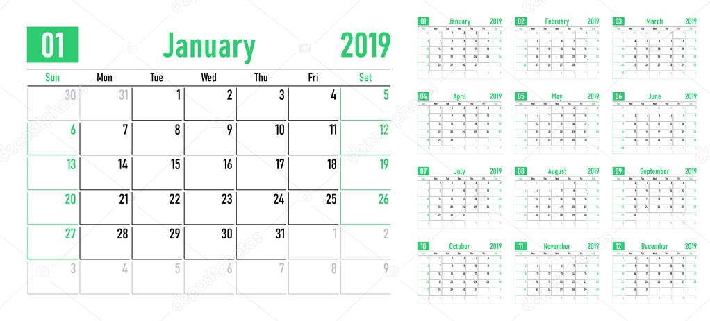 Calendar planner 2019 template vector illustration all 12 months week starts on Sunday and indicate weekends on Saturday and Sunday