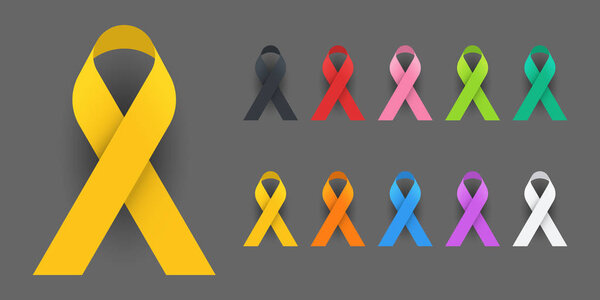 Realistic Colorful Awareness Ribbons Design Element Banner Emblem Sign Symbol Vector Illustration Various Colors on Dark Background