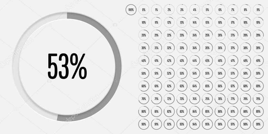 Set of circle percentage diagrams (meters) from 0 to 100 ready-to-use for web design, user interface (UI) or infographic - indicator with gray