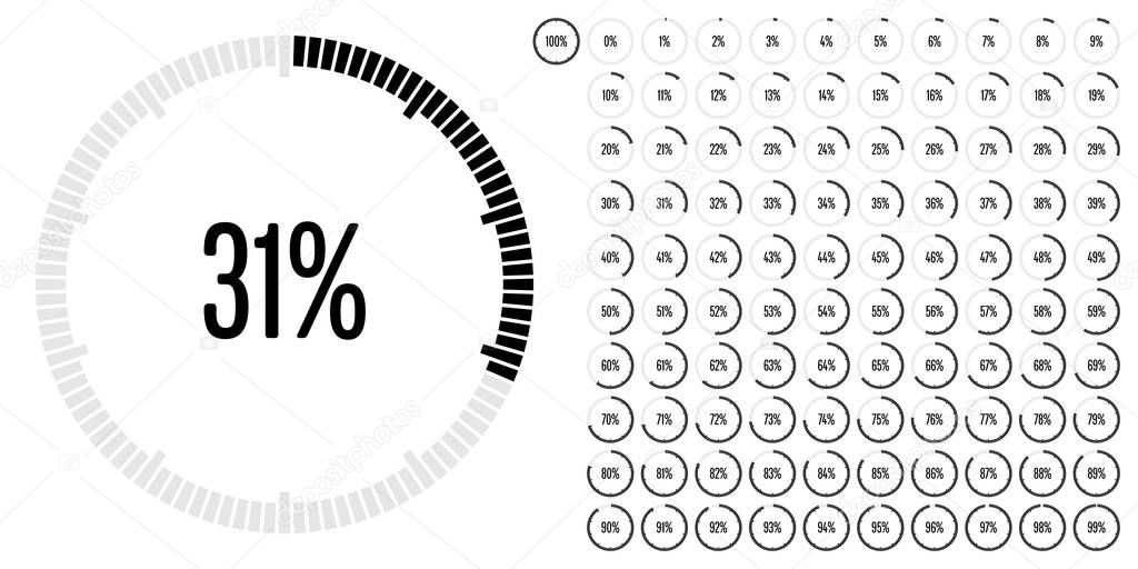 Set of circle percentage diagrams (meters) from 0 to 100 ready-to-use for web design, user interface (UI) or infographic - indicator with black