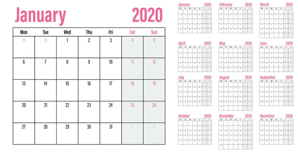 Calendar Planner 2020 Template Vector Illustration All Months Week Starts — Stock Vector