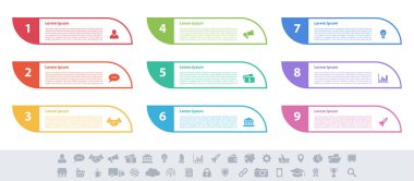 9 adım, seçenek veya süreç içeren bilgi tasarımı iş konsepti vektör çizimi iş akışı veya diyagram veya web düğmesi pankartı