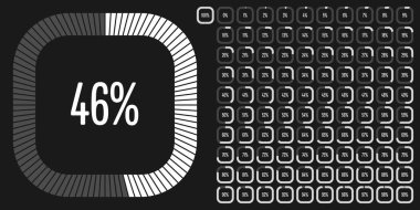 Web tasarımı, kullanıcı arabirimi Ui veya infografik için 0'dan 100'e kadar kullanıma hazır olan dikdörtgen yüzde diyagramları kümesi - beyaz gösterge