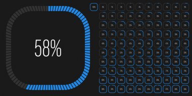 Web tasarımı, kullanıcı arabirimi Ui veya infografik için 0'dan 100'e kadar kullanıma hazır olan dikdörtgen yüzde diyagramları kümesi - mavi gösterge