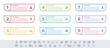 9 adım, seçenek veya süreç içeren bilgi tasarımı iş konsepti vektör çizimi iş akışı veya diyagram veya web düğmesi pankartı