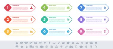 9 adım, seçenek veya süreç içeren bilgi tasarımı iş konsepti vektör çizimi iş akışı veya diyagram veya web düğmesi pankartı