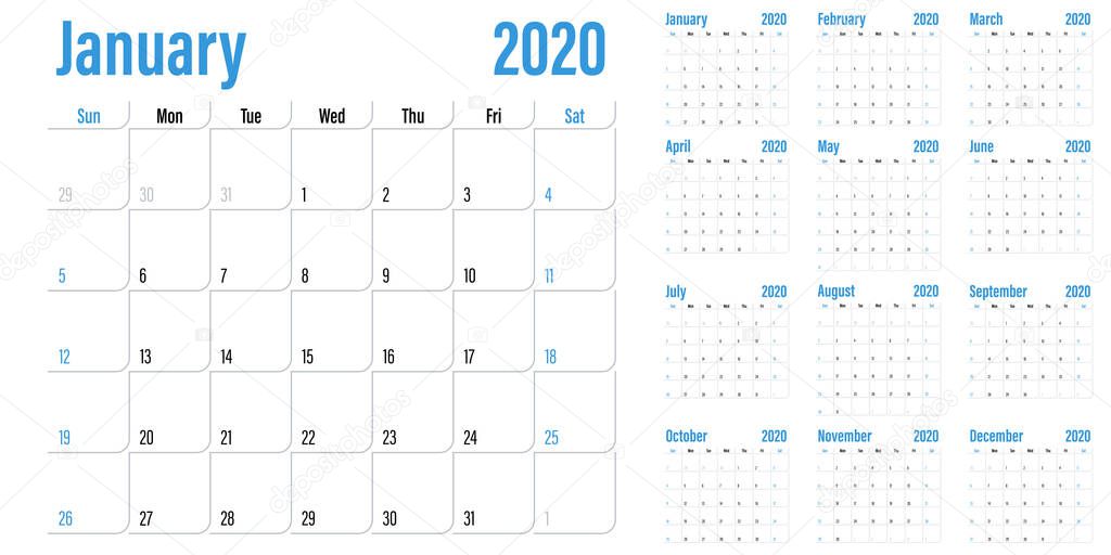 Calendar planner 2020 template vector illustration all 12 months week starts on Sunday and indicate weekends on Saturday and Sunday