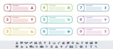 9 adım, seçenek veya süreç içeren bilgi tasarımı iş konsepti vektör çizimi iş akışı veya diyagram veya web düğmesi pankartı