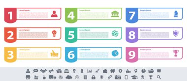 9 adım, seçenek veya süreç içeren bilgi tasarımı iş konsepti vektör çizimi iş akışı veya diyagram veya web düğmesi pankartı