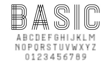 Alfabe yazı tipi harfleri kümesi ve çizgiler vektör illüstrasyonlu modern soyut tasarımı numaralar