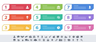 9 adım, seçenek veya süreç içeren bilgi tasarımı iş konsepti vektör çizimi iş akışı veya diyagram veya web düğmesi pankartı