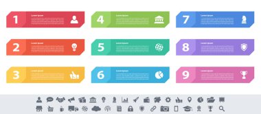 9 adım, seçenek veya süreç içeren bilgi tasarımı iş konsepti vektör çizimi iş akışı veya diyagram veya web düğmesi pankartı