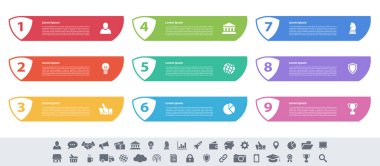 9 adım, seçenek veya süreç içeren bilgi tasarımı iş konsepti vektör çizimi iş akışı veya diyagram veya web düğmesi pankartı