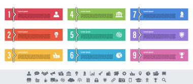 9 adım, seçenek veya süreç içeren bilgi tasarımı iş konsepti vektör çizimi iş akışı veya diyagram veya web düğmesi pankartı