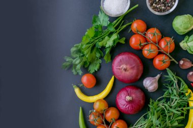 Geleneksel Latin Amerika Meksika domates sosu salsa, Şili chancho tr piedra taş harç ve malzemeler domates, Şili, sarımsak, soğan, karanlık kayrak taş arka plan. Üstten görünüm.