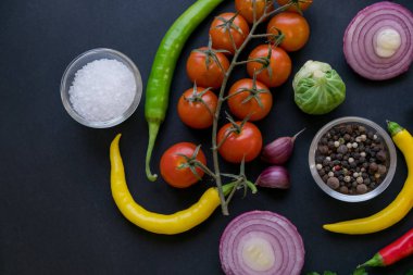 Geleneksel Latin Amerika Meksika domates sosu salsa, Şili chancho tr piedra taş harç ve malzemeler domates, Şili, sarımsak, soğan, karanlık kayrak taş arka plan. Üstten görünüm.