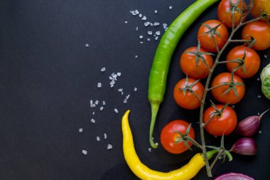 Geleneksel Latin Amerika Meksika domates sosu salsa, Şili chancho tr piedra taş harç ve malzemeler domates, Şili, sarımsak, soğan, karanlık kayrak taş arka plan. Üstten görünüm.