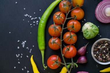 Geleneksel Latin Amerika Meksika domates sosu salsa, Şili chancho tr piedra taş harç ve malzemeler domates, Şili, sarımsak, soğan, karanlık kayrak taş arka plan. Üstten görünüm.