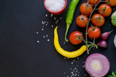 Geleneksel Latin Amerika Meksika domates sosu salsa, Şili chancho tr piedra taş harç ve malzemeler domates, Şili, sarımsak, soğan, karanlık kayrak taş arka plan. Üstten görünüm.